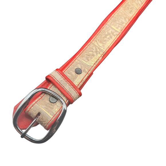 Vintage Red Leather Exotic Embossed Belt Silver Buckle Handmade USA main image 7